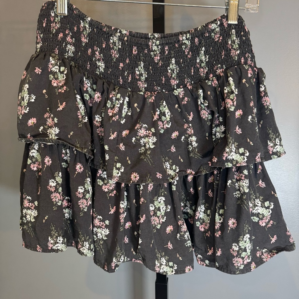 Aerie Floral Tiered Mini Skirt Smocked Waist Boho Cottagecore Large - Picture 2 of 7
